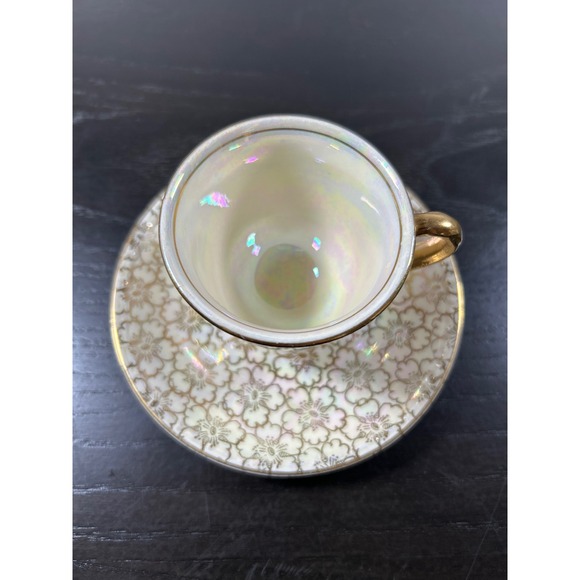 Vintage Geo H Bowman Son Lusterware Demitasse Cup Saucer Gold Floral Iridescent - Picture 2 of 7